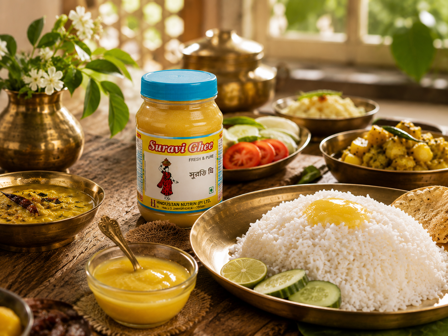 A traditional Bengali thali served with a bowl of Suravi Ghee
