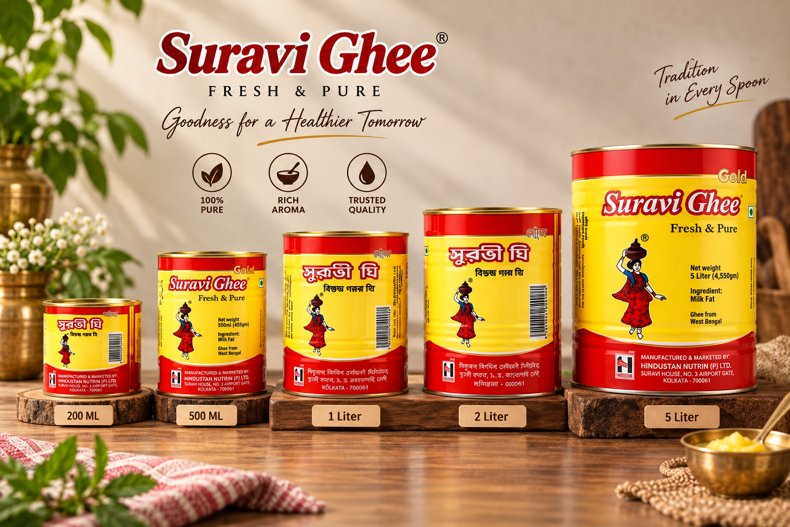 Suravi Ghee tin packs in three sizes